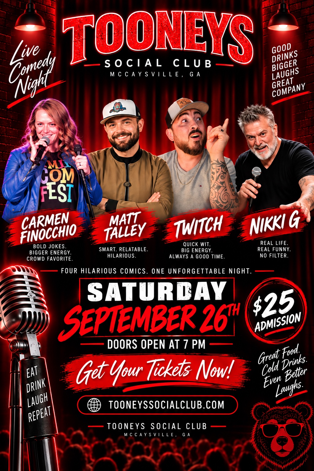 Live Comedy Night at Tooneys Social Club featuring Carmen Finocchio, Matt Talley, Twitch and Nikki G on September 26, 2026
